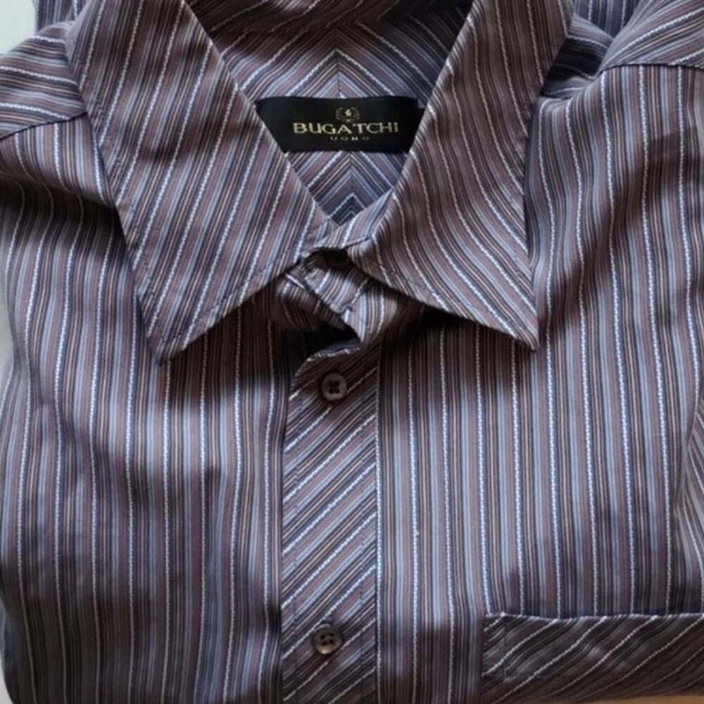 Bugatchi Embroidered Stripe Mother Of Pearl Button Italian Designer Mens Shirt L